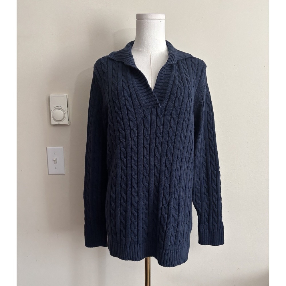 LL Bean Womens Large Cable Knit V Neck Sweater Preppy Academia Blue Cotton
